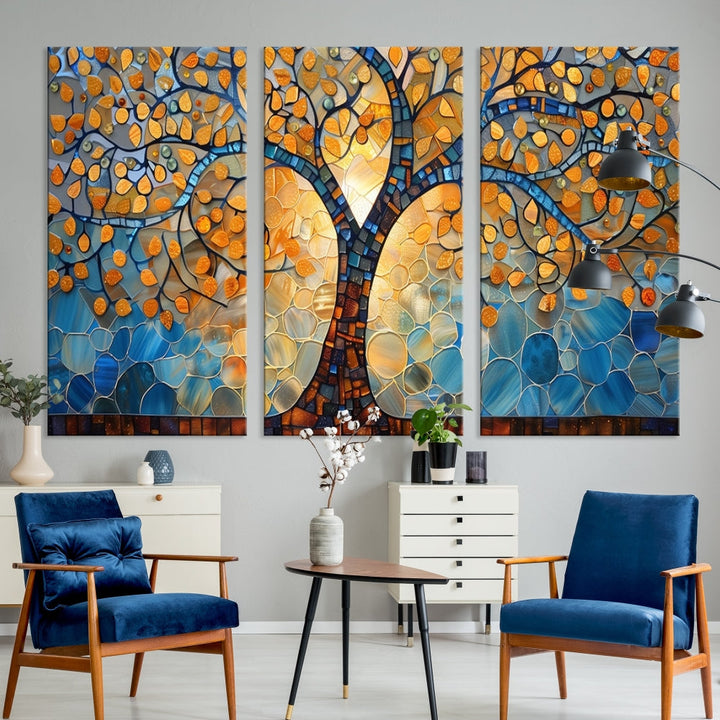 The modern living room features the vibrant Yggdrasil Tree of Life Mosaic Stained Glass Wall Art Canvas Print, displayed on gallery-wrapped, museum-quality canvas.