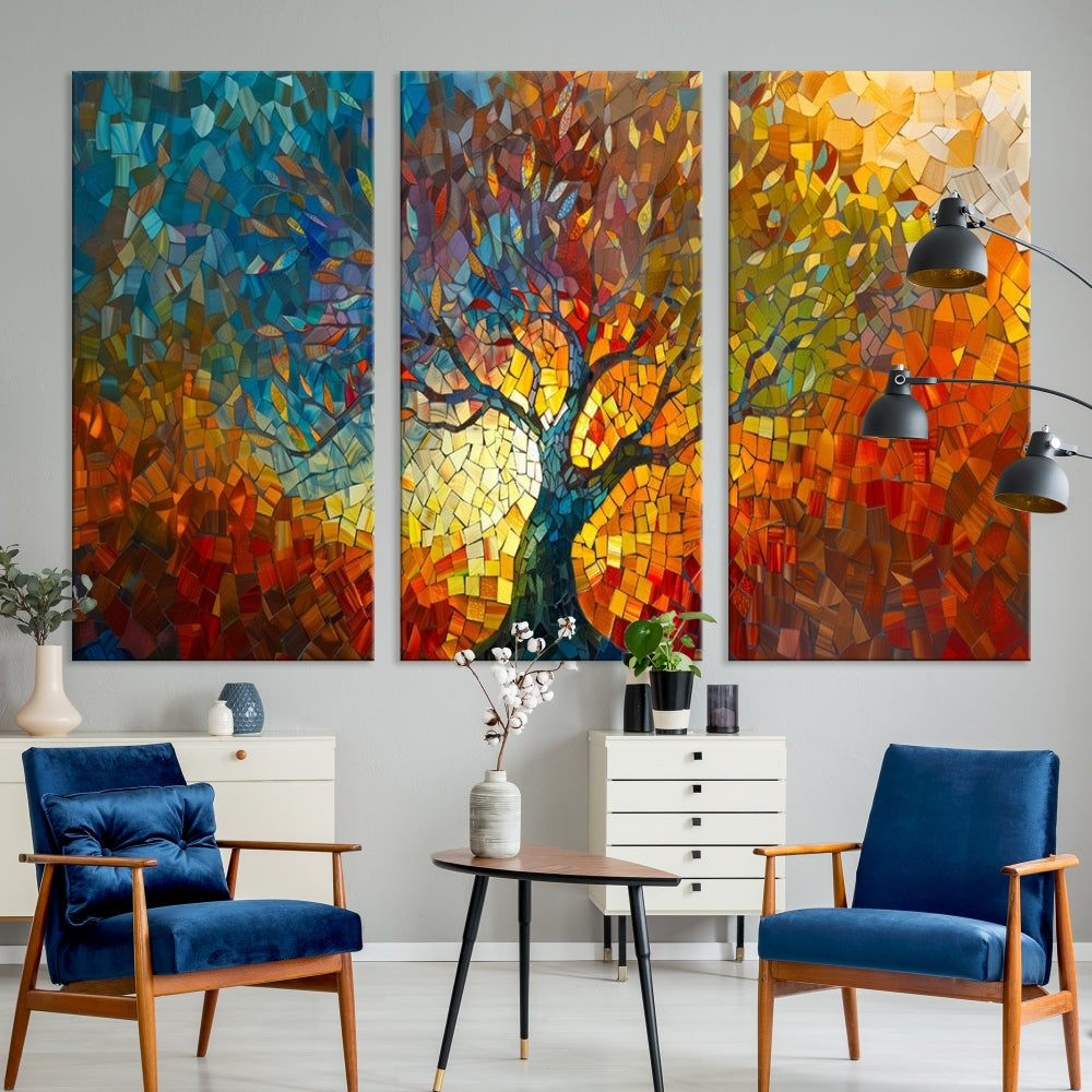 The Yggdrasil Tree of Life Mosaic Stained Glass Wall Art Canvas Print brings a burst of color to any room. Crafted on museum-quality canvas, this artwork enhances the space effortlessly and includes free shipping for your convenience.