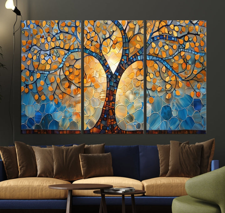 The modern living room features the vibrant Yggdrasil Tree of Life Mosaic Stained Glass Wall Art Canvas Print, displayed on gallery-wrapped, museum-quality canvas.