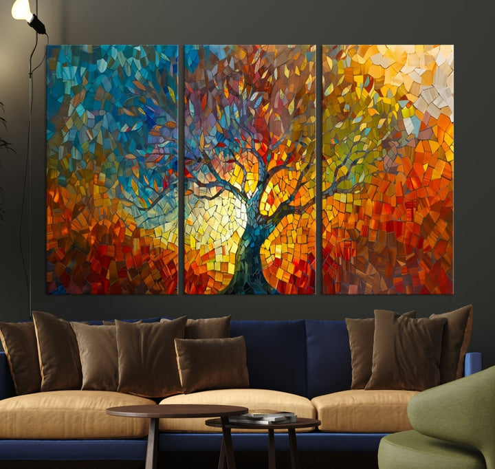 The Yggdrasil Tree of Life Mosaic Stained Glass Wall Art Canvas Print brings a burst of color to any room. Crafted on museum-quality canvas, this artwork enhances the space effortlessly and includes free shipping for your convenience.