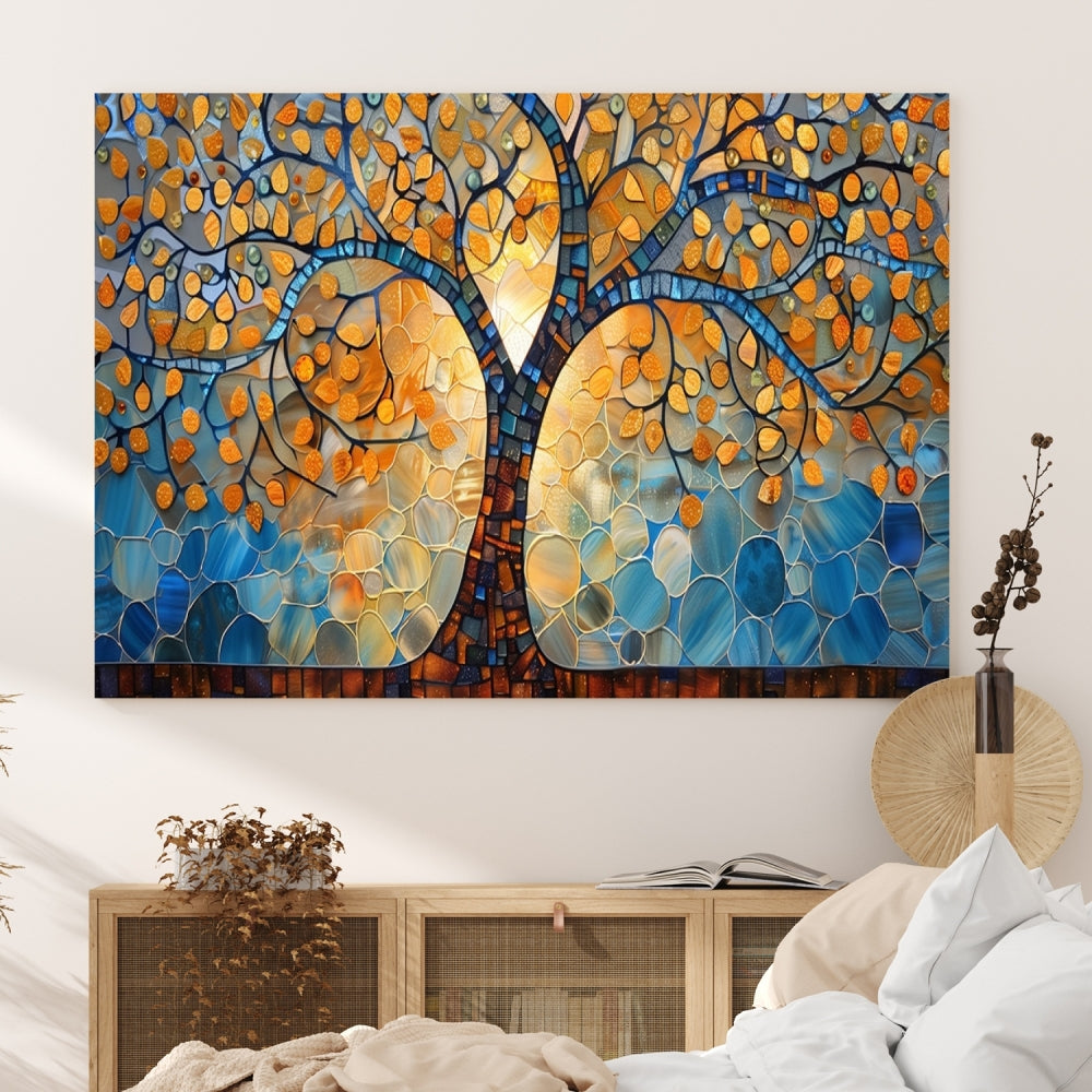 The modern living room features the vibrant Yggdrasil Tree of Life Mosaic Stained Glass Wall Art Canvas Print, displayed on gallery-wrapped, museum-quality canvas.