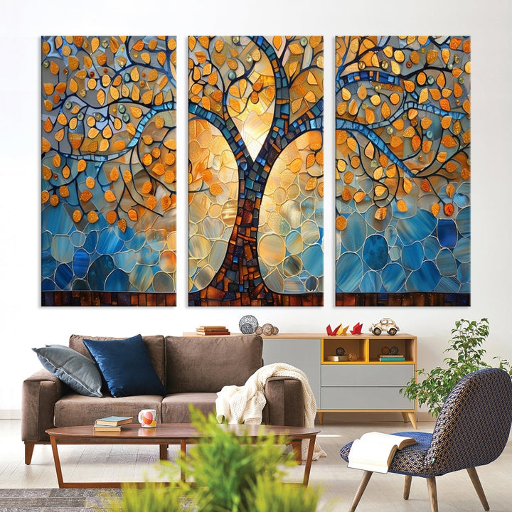 The modern living room features the vibrant Yggdrasil Tree of Life Mosaic Stained Glass Wall Art Canvas Print, displayed on gallery-wrapped, museum-quality canvas.