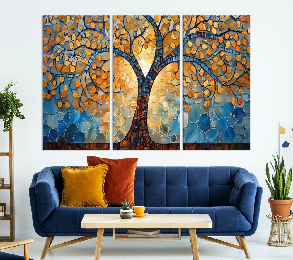 The modern living room features the vibrant Yggdrasil Tree of Life Mosaic Stained Glass Wall Art Canvas Print, displayed on gallery-wrapped, museum-quality canvas.