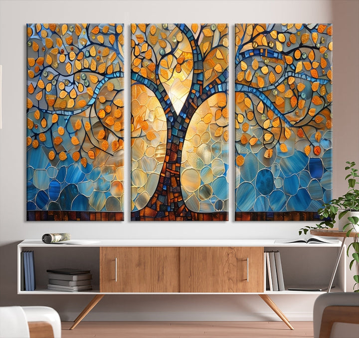 The modern living room features the vibrant Yggdrasil Tree of Life Mosaic Stained Glass Wall Art Canvas Print, displayed on gallery-wrapped, museum-quality canvas.