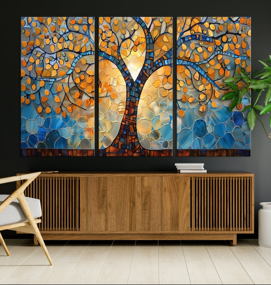 The modern living room features the vibrant Yggdrasil Tree of Life Mosaic Stained Glass Wall Art Canvas Print, displayed on gallery-wrapped, museum-quality canvas.