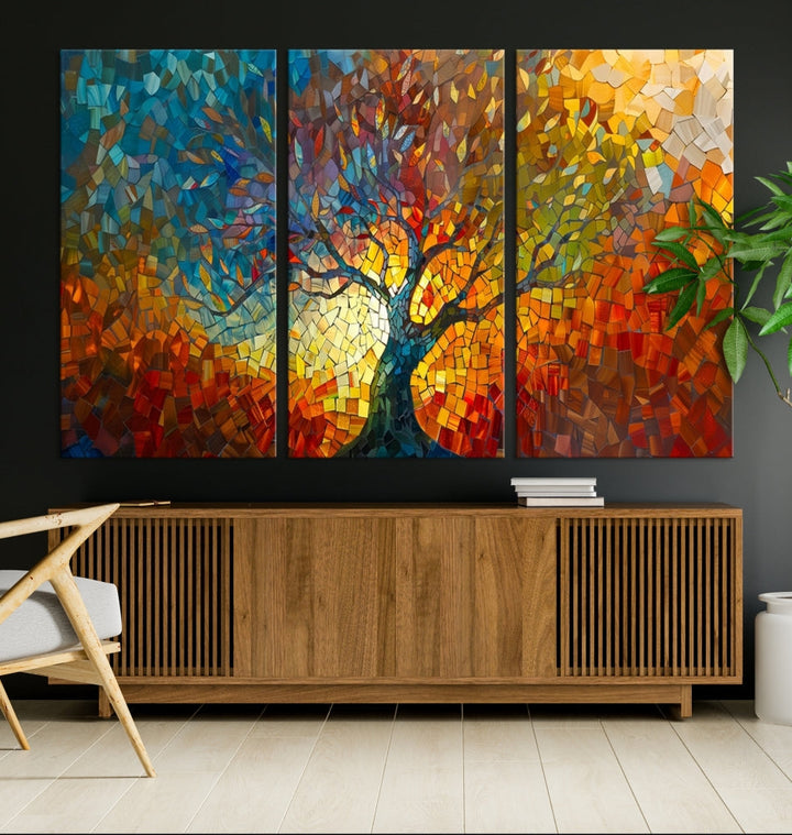 The Yggdrasil Tree of Life Mosaic Stained Glass Wall Art Canvas Print, crafted on museum-quality canvas with a UV-protective coating, beautifully adorns the space. Ready to hang, it injects vibrant elegance into its surroundings.