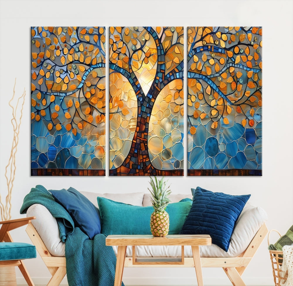 The modern living room features the vibrant Yggdrasil Tree of Life Mosaic Stained Glass Wall Art Canvas Print, displayed on gallery-wrapped, museum-quality canvas.