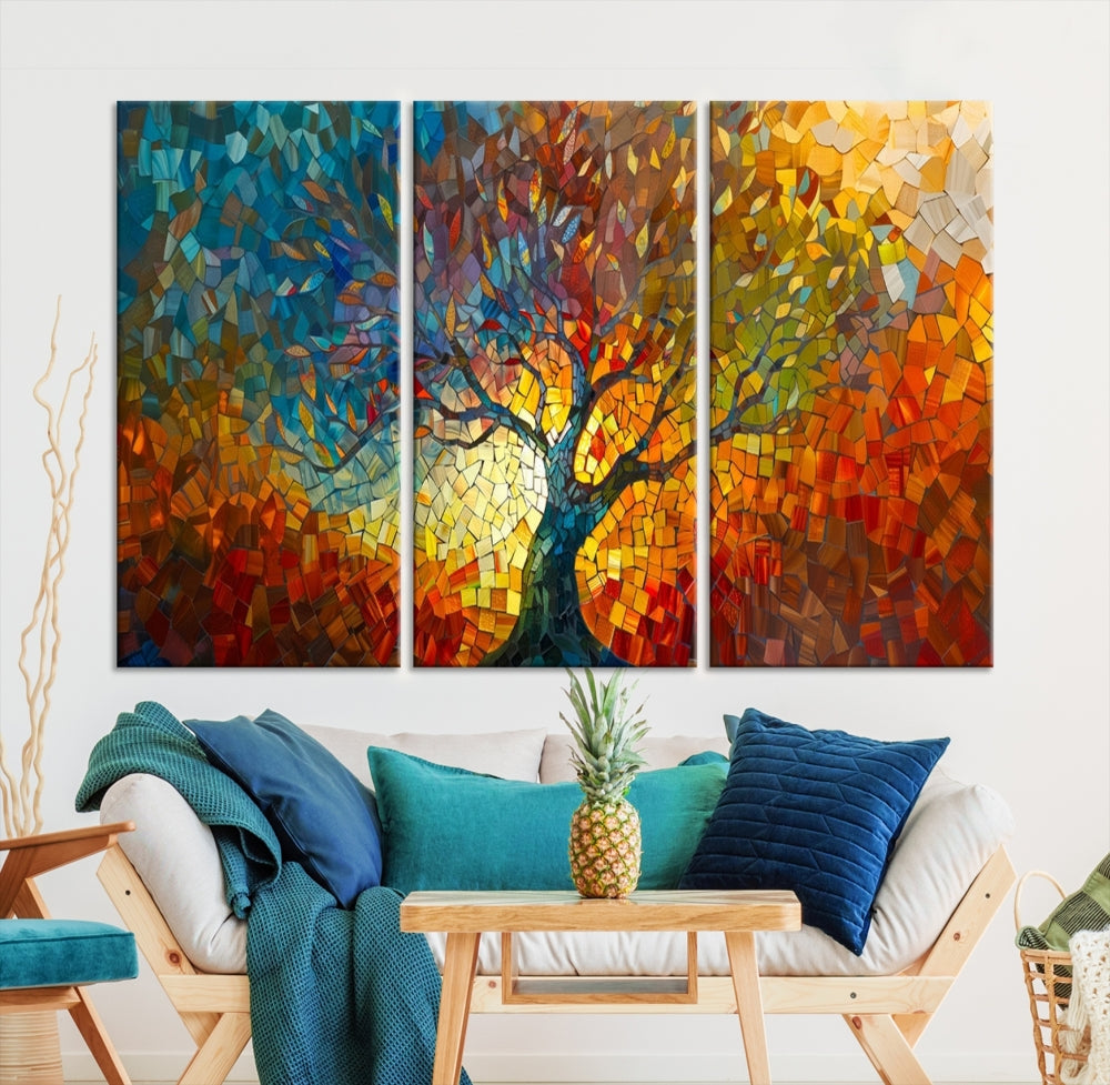 The Yggdrasil Tree of Life Mosaic Stained Glass Wall Art Canvas Print brings a burst of color to any room. Crafted on museum-quality canvas, this artwork enhances the space effortlessly and includes free shipping for your convenience.