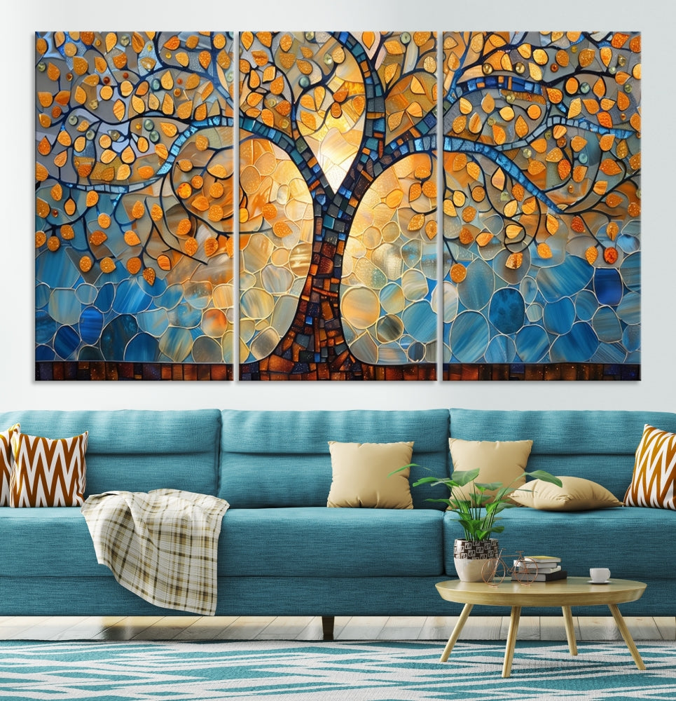 The modern living room features the vibrant Yggdrasil Tree of Life Mosaic Stained Glass Wall Art Canvas Print, displayed on gallery-wrapped, museum-quality canvas.