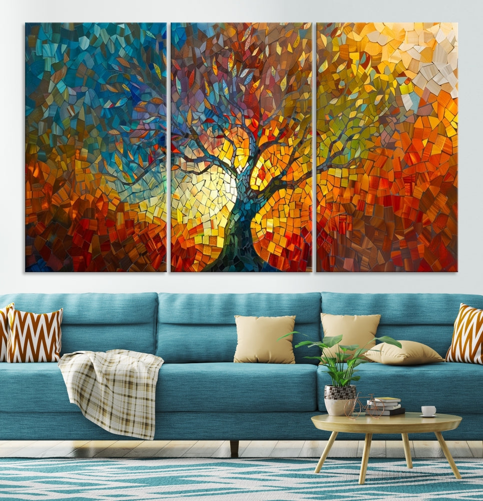 The Yggdrasil Tree of Life Mosaic Stained Glass Wall Art Canvas Print, crafted on museum-quality canvas with a UV-protective coating, beautifully adorns the space. Ready to hang, it injects vibrant elegance into its surroundings.