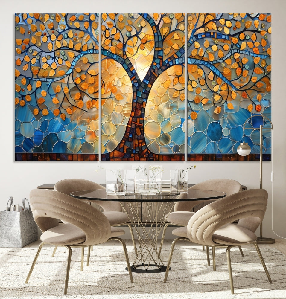 The modern living room features the vibrant Yggdrasil Tree of Life Mosaic Stained Glass Wall Art Canvas Print, displayed on gallery-wrapped, museum-quality canvas.