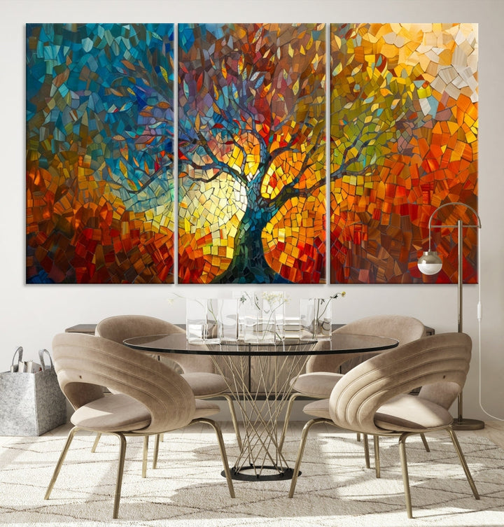 The Yggdrasil Tree of Life Mosaic Stained Glass Wall Art Canvas Print brings a burst of color to any room. Crafted on museum-quality canvas, this artwork enhances the space effortlessly and includes free shipping for your convenience.