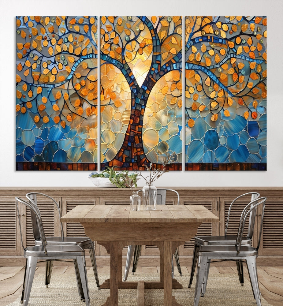 The modern living room features the vibrant Yggdrasil Tree of Life Mosaic Stained Glass Wall Art Canvas Print, displayed on gallery-wrapped, museum-quality canvas.