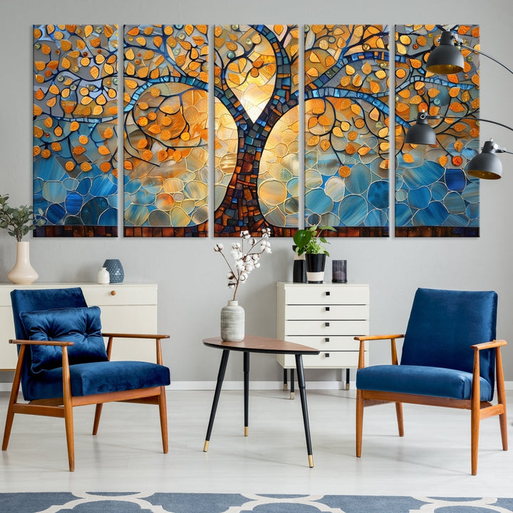 The modern living room features the vibrant Yggdrasil Tree of Life Mosaic Stained Glass Wall Art Canvas Print, displayed on gallery-wrapped, museum-quality canvas.