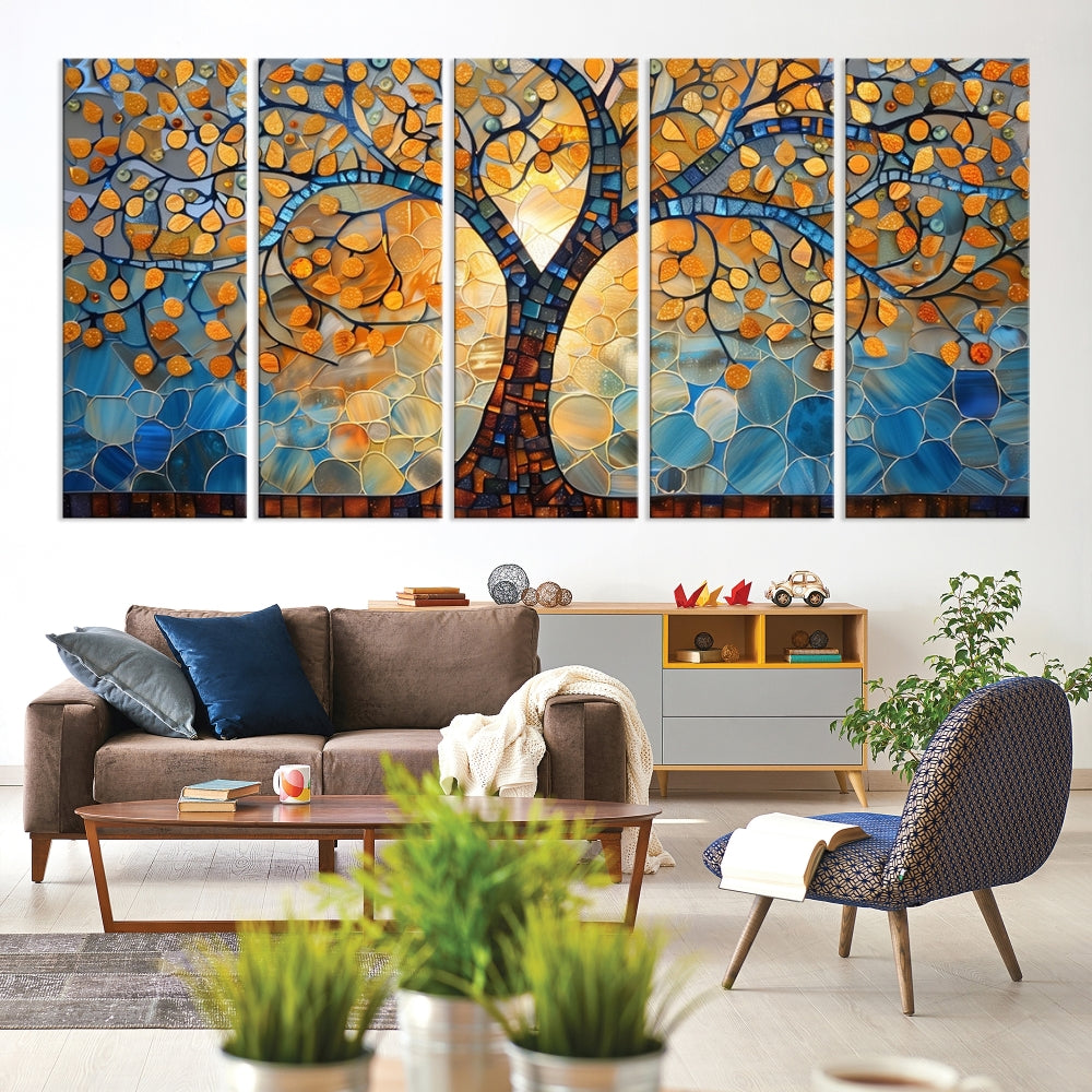 The modern living room features the vibrant Yggdrasil Tree of Life Mosaic Stained Glass Wall Art Canvas Print, displayed on gallery-wrapped, museum-quality canvas.