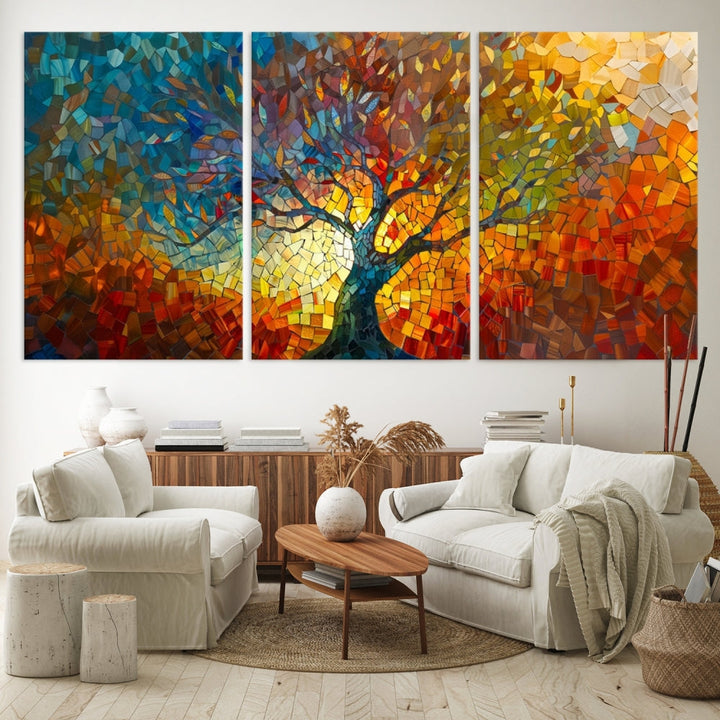 The Yggdrasil Tree of Life Mosaic Stained Glass Wall Art Canvas Print brings a burst of color to any room. Crafted on museum-quality canvas, this artwork enhances the space effortlessly and includes free shipping for your convenience.