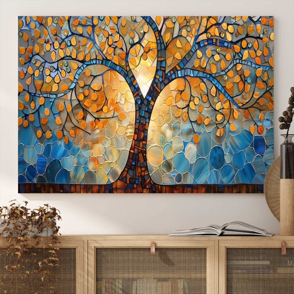 The modern living room features the vibrant Yggdrasil Tree of Life Mosaic Stained Glass Wall Art Canvas Print, displayed on gallery-wrapped, museum-quality canvas.