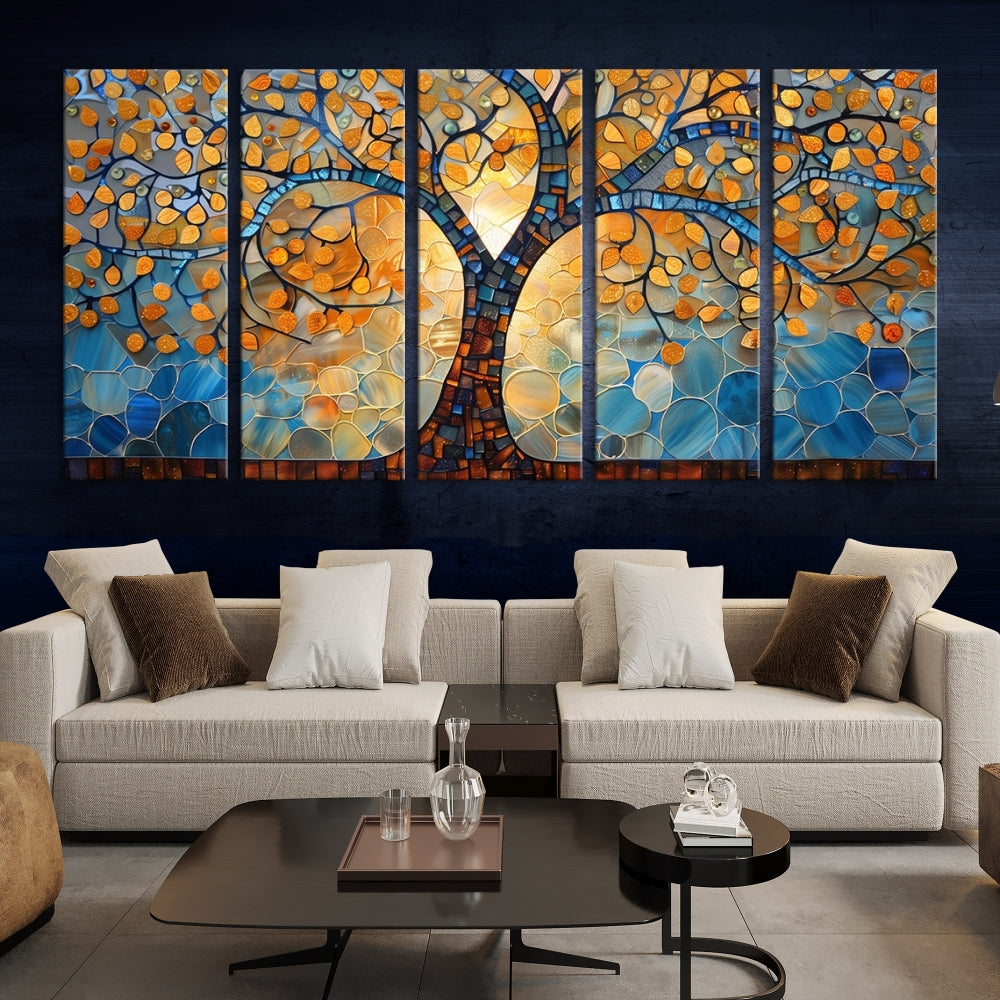 The modern living room features the vibrant Yggdrasil Tree of Life Mosaic Stained Glass Wall Art Canvas Print, displayed on gallery-wrapped, museum-quality canvas.