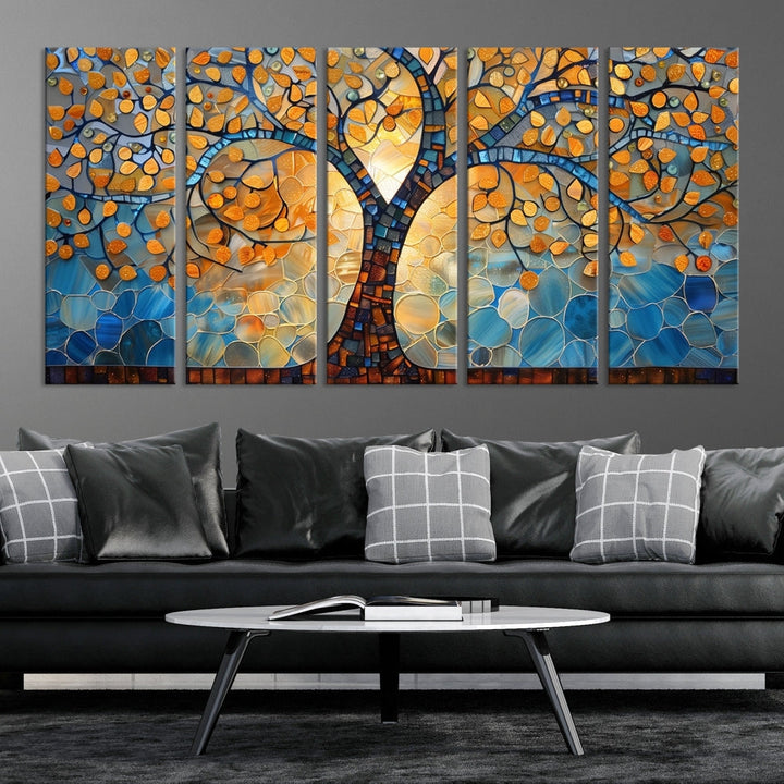 The modern living room features the vibrant Yggdrasil Tree of Life Mosaic Stained Glass Wall Art Canvas Print, displayed on gallery-wrapped, museum-quality canvas.