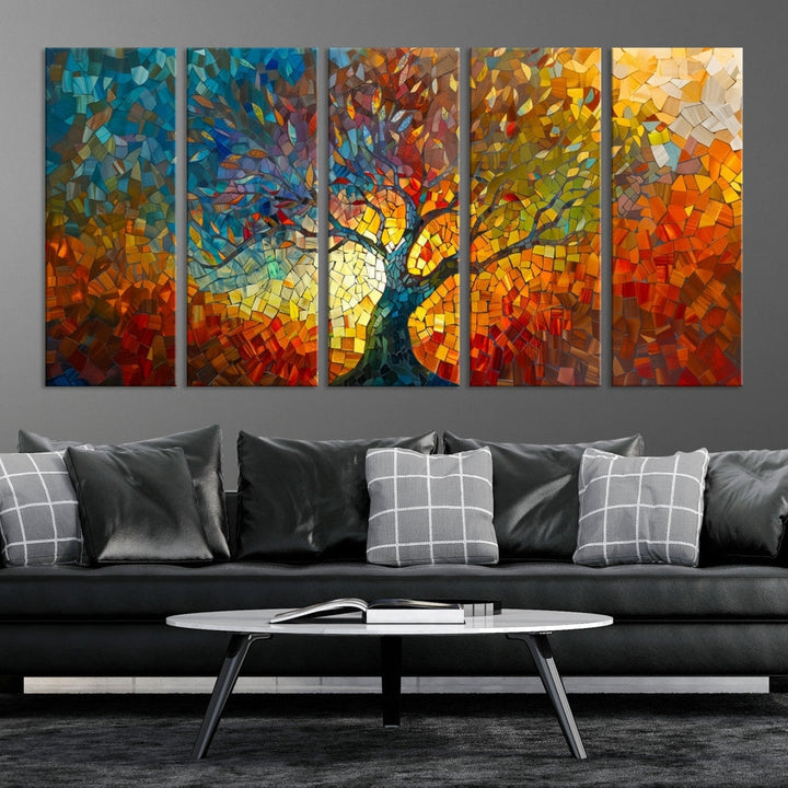 The Yggdrasil Tree of Life Mosaic Stained Glass Wall Art Canvas Print brings a burst of color to any room. Crafted on museum-quality canvas, this artwork enhances the space effortlessly and includes free shipping for your convenience.