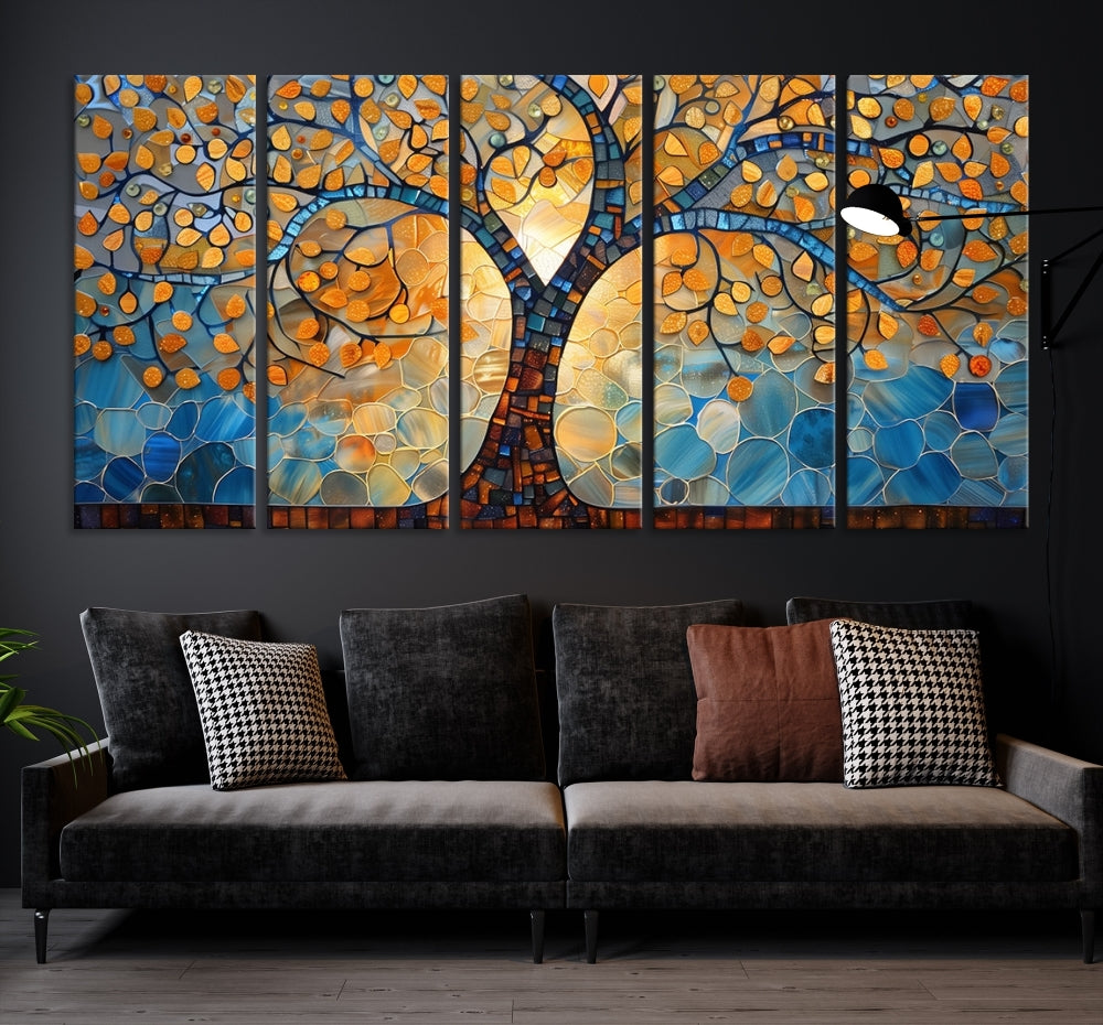 The modern living room features the vibrant Yggdrasil Tree of Life Mosaic Stained Glass Wall Art Canvas Print, displayed on gallery-wrapped, museum-quality canvas.