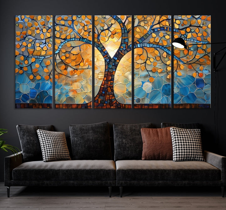 The modern living room features the vibrant Yggdrasil Tree of Life Mosaic Stained Glass Wall Art Canvas Print, displayed on gallery-wrapped, museum-quality canvas.