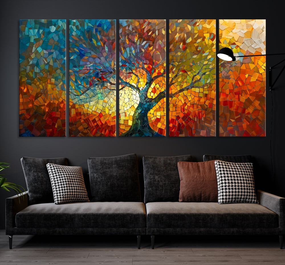 The Yggdrasil Tree of Life Mosaic Stained Glass Wall Art Canvas Print brings a burst of color to any room. Crafted on museum-quality canvas, this artwork enhances the space effortlessly and includes free shipping for your convenience.