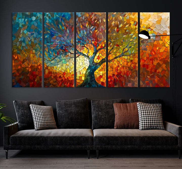 The Yggdrasil Tree of Life Mosaic Stained Glass Wall Art Canvas Print brings a burst of color to any room. Crafted on museum-quality canvas, this artwork enhances the space effortlessly and includes free shipping for your convenience.