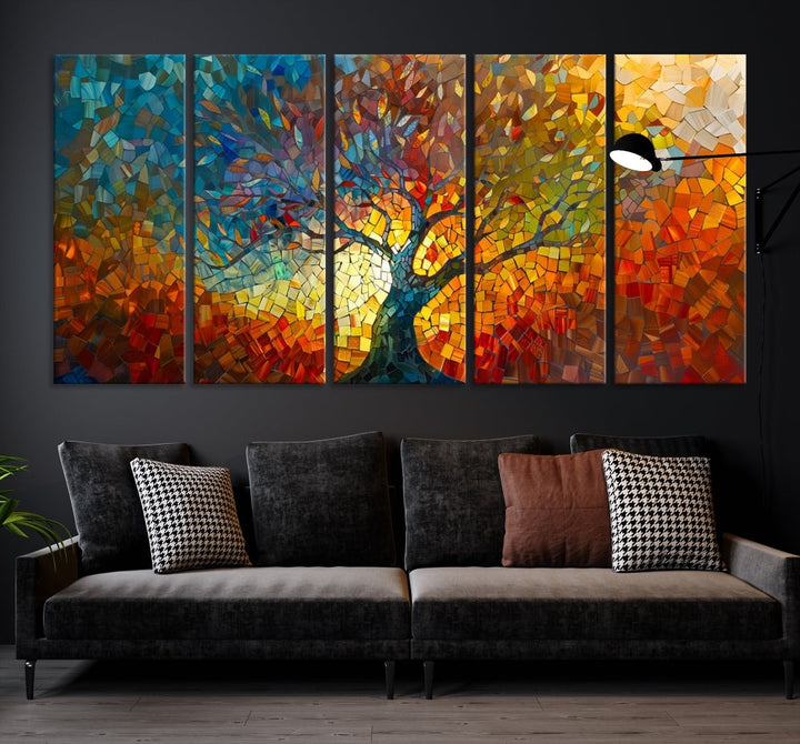 The Yggdrasil Tree of Life Mosaic Stained Glass Wall Art Canvas Print, crafted on museum-quality canvas with a UV-protective coating, beautifully adorns the space. Ready to hang, it injects vibrant elegance into its surroundings.