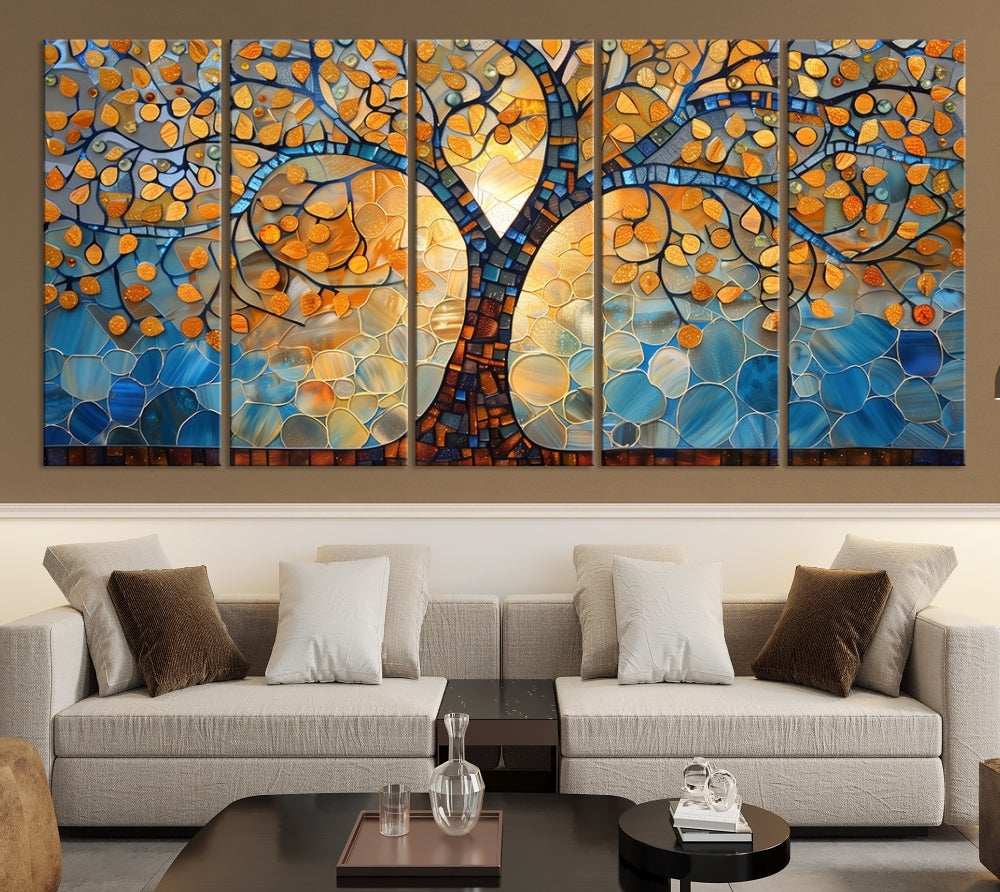 The modern living room features the vibrant Yggdrasil Tree of Life Mosaic Stained Glass Wall Art Canvas Print, displayed on gallery-wrapped, museum-quality canvas.