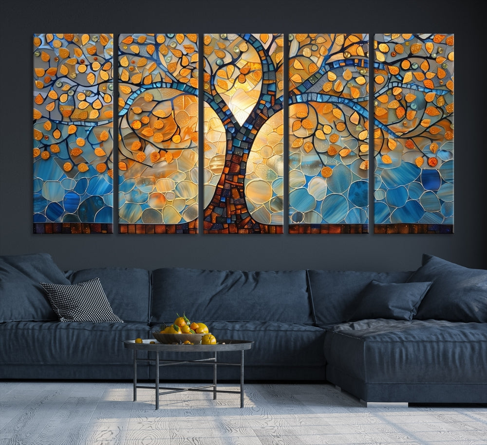 The modern living room features the vibrant Yggdrasil Tree of Life Mosaic Stained Glass Wall Art Canvas Print, displayed on gallery-wrapped, museum-quality canvas.