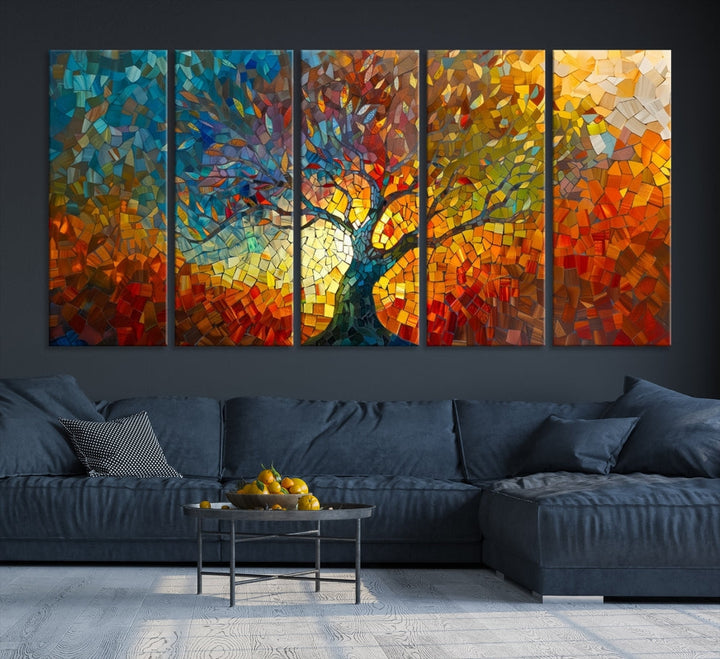 The Yggdrasil Tree of Life Mosaic Stained Glass Wall Art Canvas Print brings a burst of color to any room. Crafted on museum-quality canvas, this artwork enhances the space effortlessly and includes free shipping for your convenience.