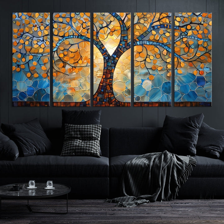 The modern living room features the vibrant Yggdrasil Tree of Life Mosaic Stained Glass Wall Art Canvas Print, displayed on gallery-wrapped, museum-quality canvas.