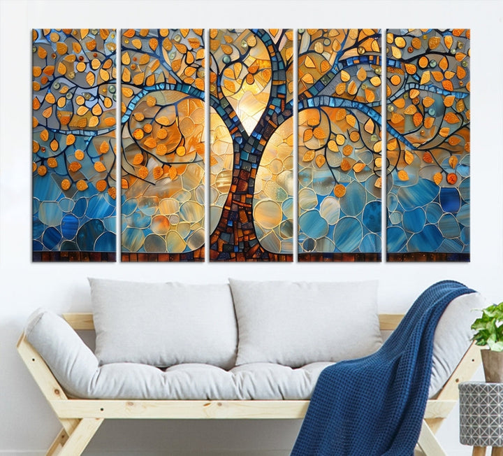 The modern living room features the vibrant Yggdrasil Tree of Life Mosaic Stained Glass Wall Art Canvas Print, displayed on gallery-wrapped, museum-quality canvas.