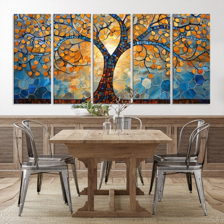 The modern living room features the vibrant Yggdrasil Tree of Life Mosaic Stained Glass Wall Art Canvas Print, displayed on gallery-wrapped, museum-quality canvas.