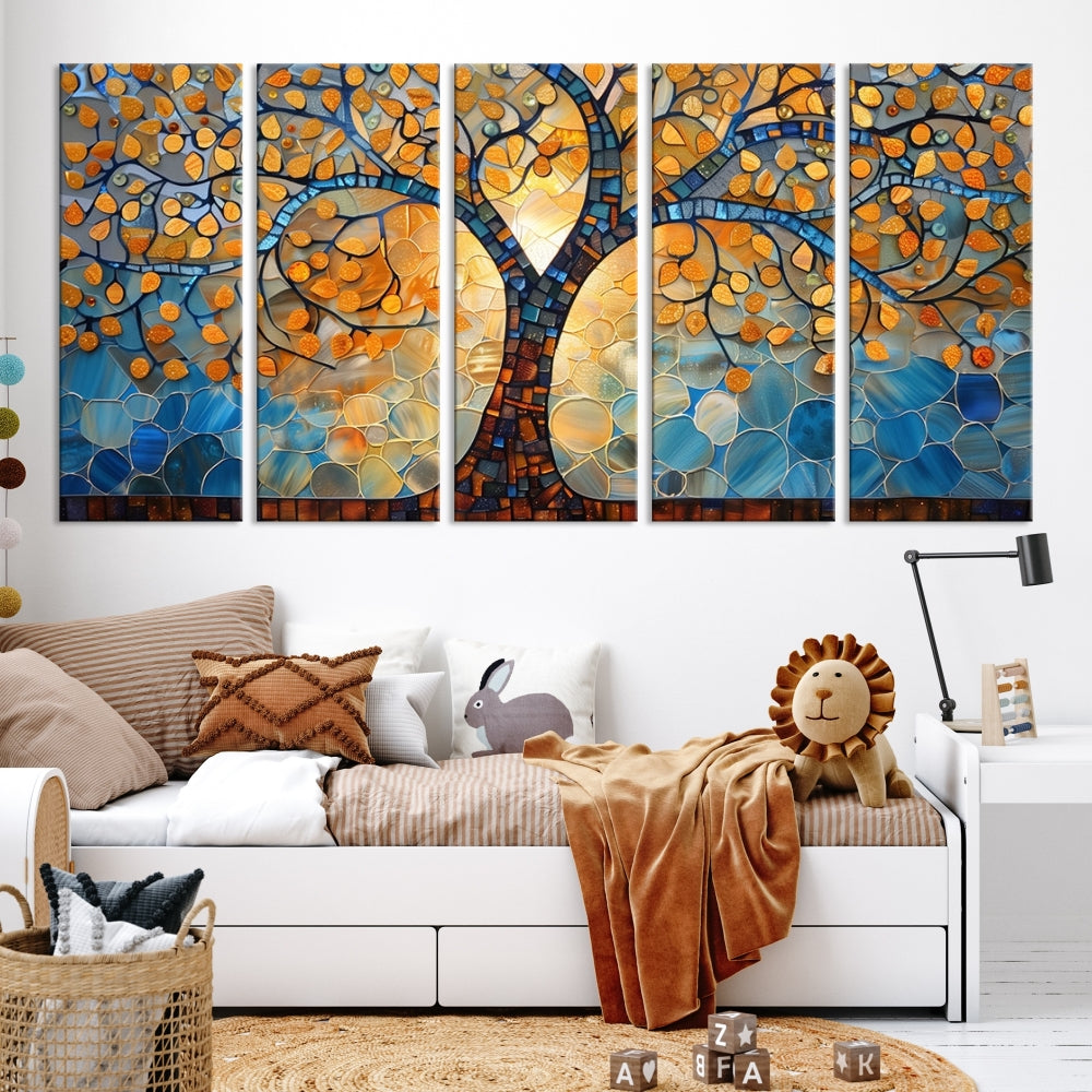 The modern living room features the vibrant Yggdrasil Tree of Life Mosaic Stained Glass Wall Art Canvas Print, displayed on gallery-wrapped, museum-quality canvas.