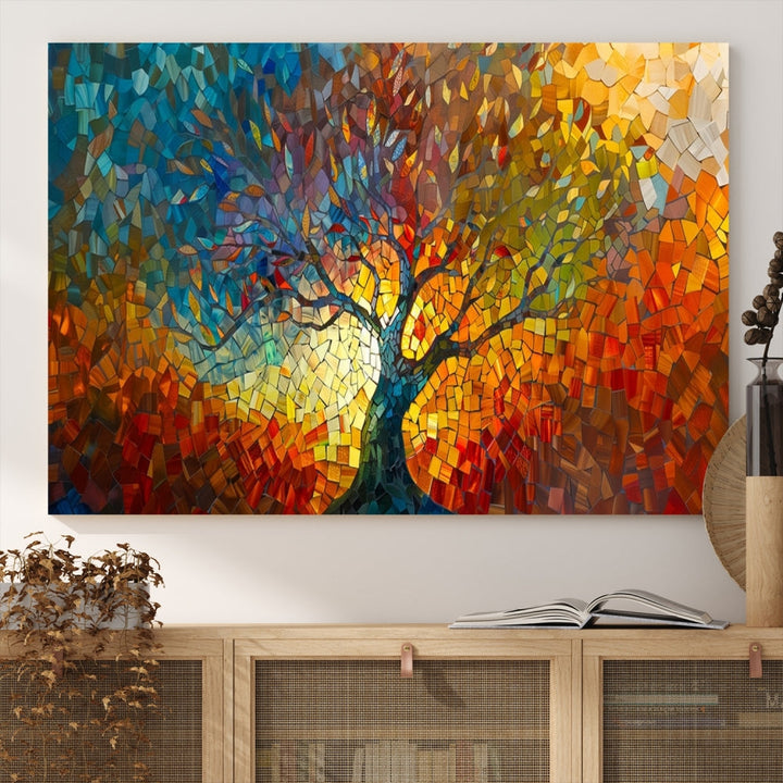 The Yggdrasil Tree of Life Mosaic Stained Glass Wall Art Canvas Print, crafted on museum-quality canvas with a UV-protective coating, beautifully adorns the space. Ready to hang, it injects vibrant elegance into its surroundings.