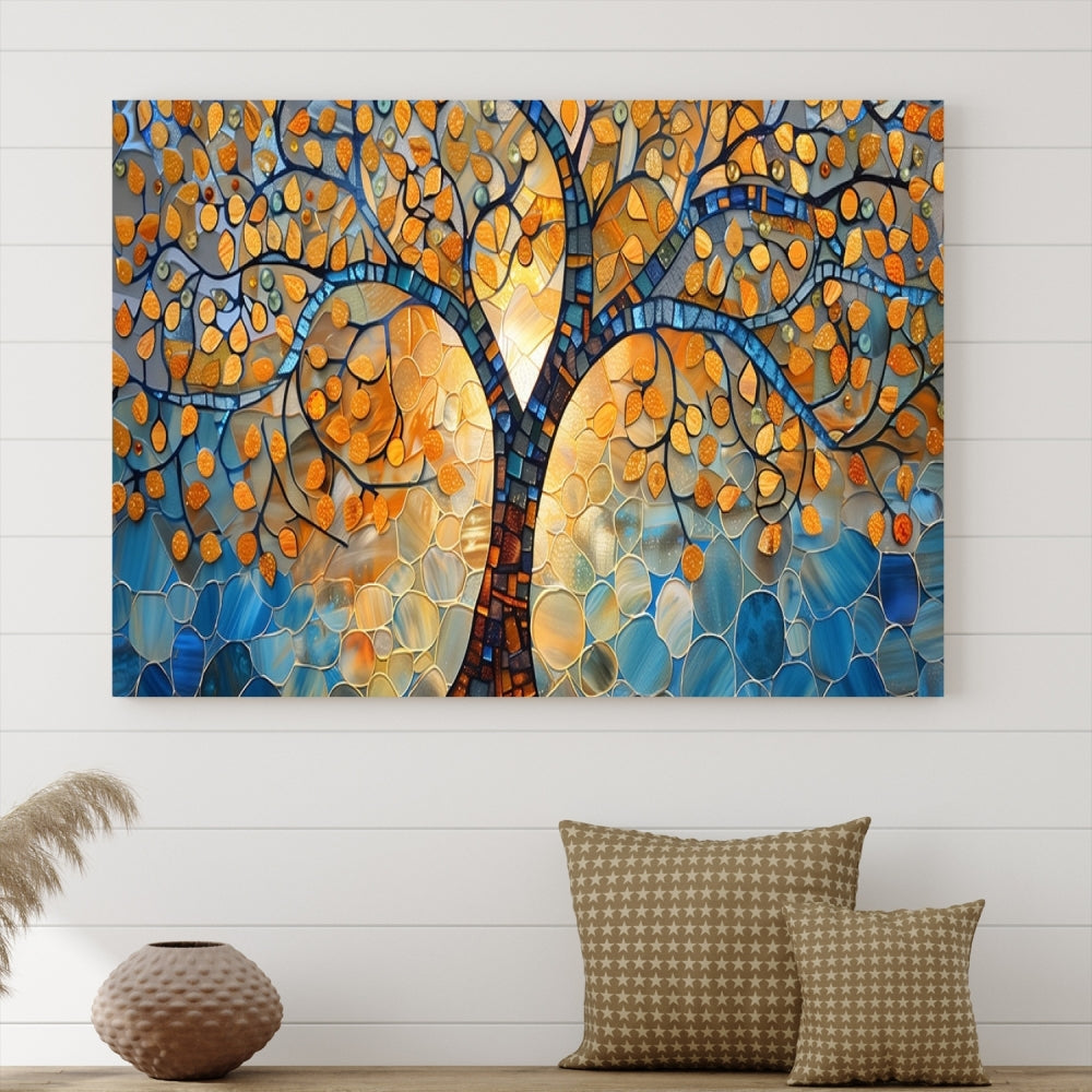 The modern living room features the vibrant Yggdrasil Tree of Life Mosaic Stained Glass Wall Art Canvas Print, displayed on gallery-wrapped, museum-quality canvas.