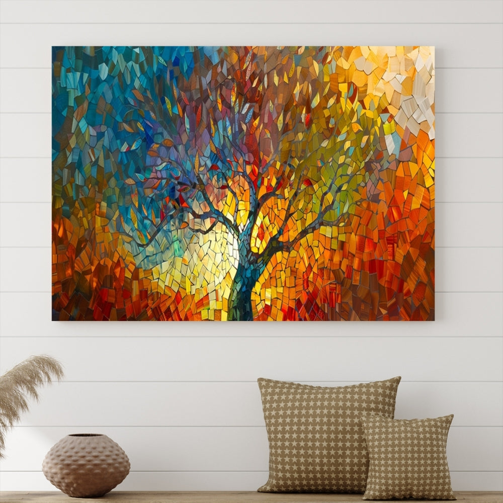 The Yggdrasil Tree of Life Mosaic Stained Glass Wall Art Canvas Print, crafted on museum-quality canvas with a UV-protective coating, beautifully adorns the space. Ready to hang, it injects vibrant elegance into its surroundings.