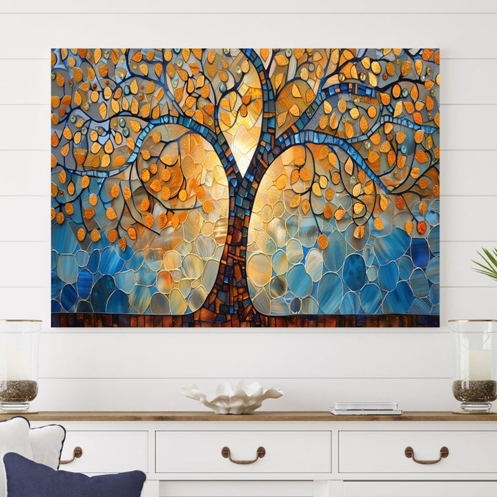 The modern living room features the vibrant Yggdrasil Tree of Life Mosaic Stained Glass Wall Art Canvas Print, displayed on gallery-wrapped, museum-quality canvas.