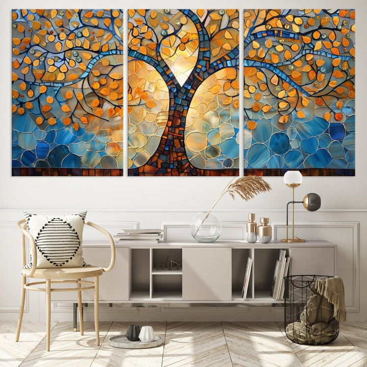 The modern living room features the vibrant Yggdrasil Tree of Life Mosaic Stained Glass Wall Art Canvas Print, displayed on gallery-wrapped, museum-quality canvas.