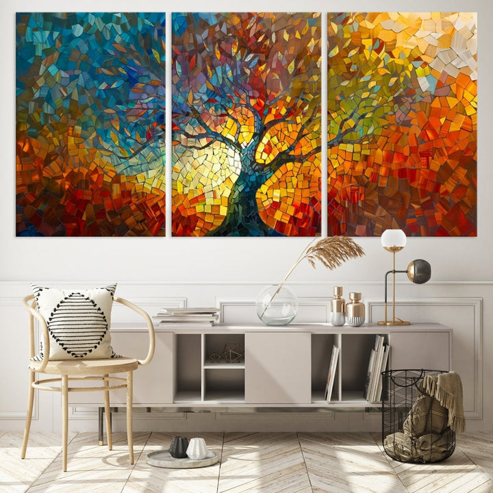 The Yggdrasil Tree of Life Mosaic Stained Glass Wall Art Canvas Print, crafted on museum-quality canvas with a UV-protective coating, beautifully adorns the space. Ready to hang, it injects vibrant elegance into its surroundings.