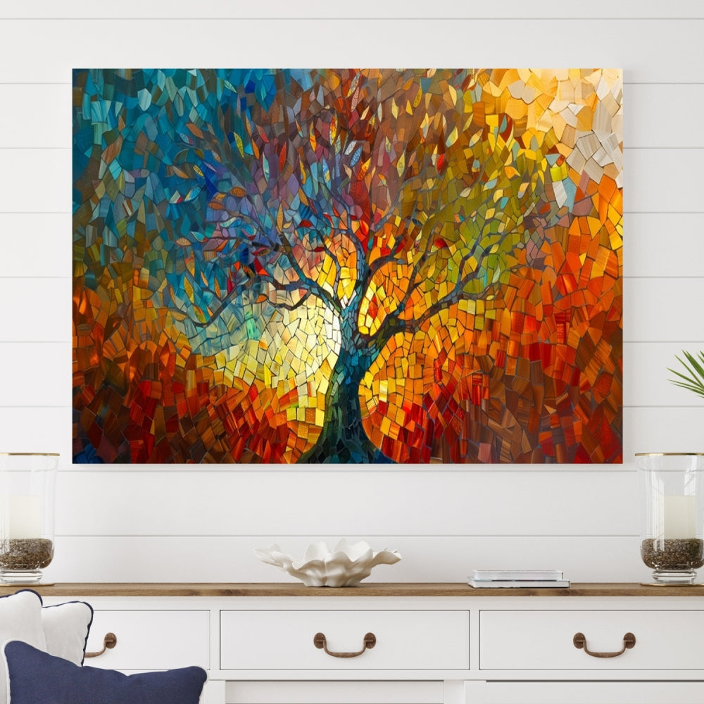 The Yggdrasil Tree of Life Mosaic Stained Glass Wall Art Canvas Print brings a burst of color to any room. Crafted on museum-quality canvas, this artwork enhances the space effortlessly and includes free shipping for your convenience.