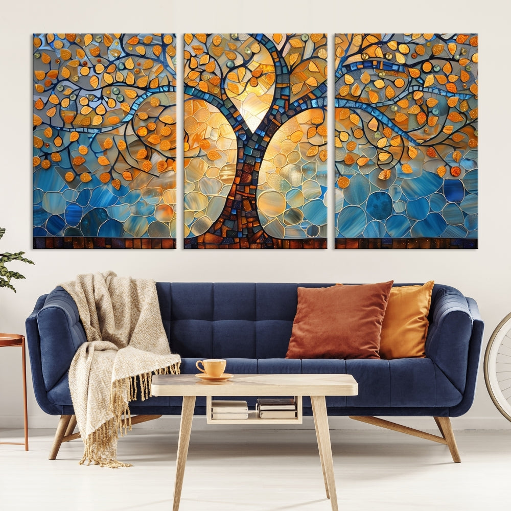 The modern living room features the vibrant Yggdrasil Tree of Life Mosaic Stained Glass Wall Art Canvas Print, displayed on gallery-wrapped, museum-quality canvas.