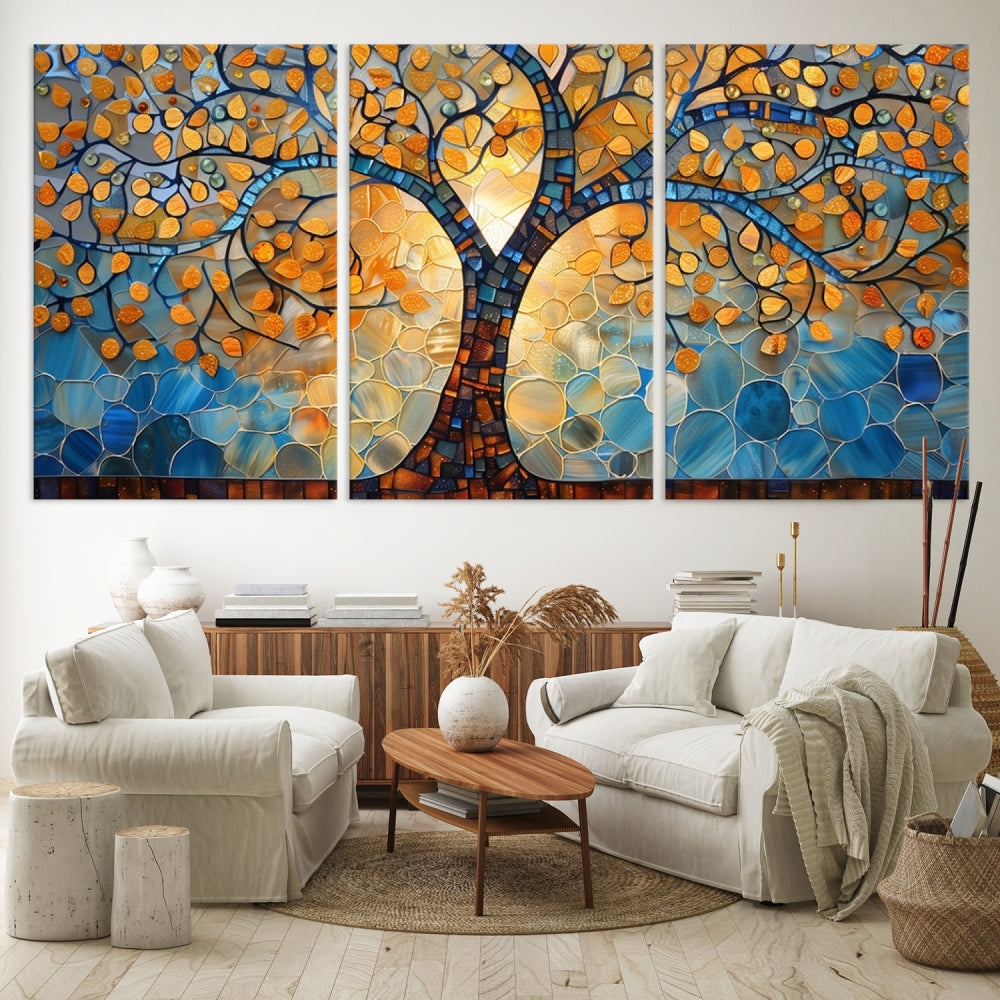 The modern living room features the vibrant Yggdrasil Tree of Life Mosaic Stained Glass Wall Art Canvas Print, displayed on gallery-wrapped, museum-quality canvas.