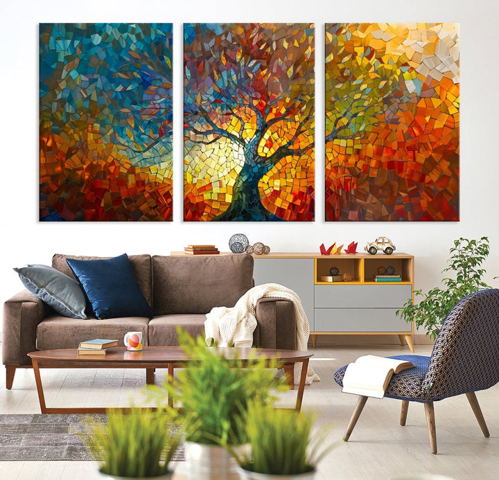 The Yggdrasil Tree of Life Mosaic Stained Glass Wall Art Canvas Print, crafted on museum-quality canvas with a UV-protective coating, beautifully adorns the space. Ready to hang, it injects vibrant elegance into its surroundings.