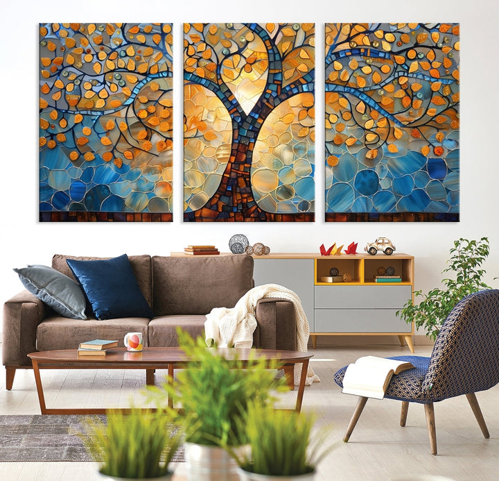 The modern living room features the vibrant Yggdrasil Tree of Life Mosaic Stained Glass Wall Art Canvas Print, displayed on gallery-wrapped, museum-quality canvas.