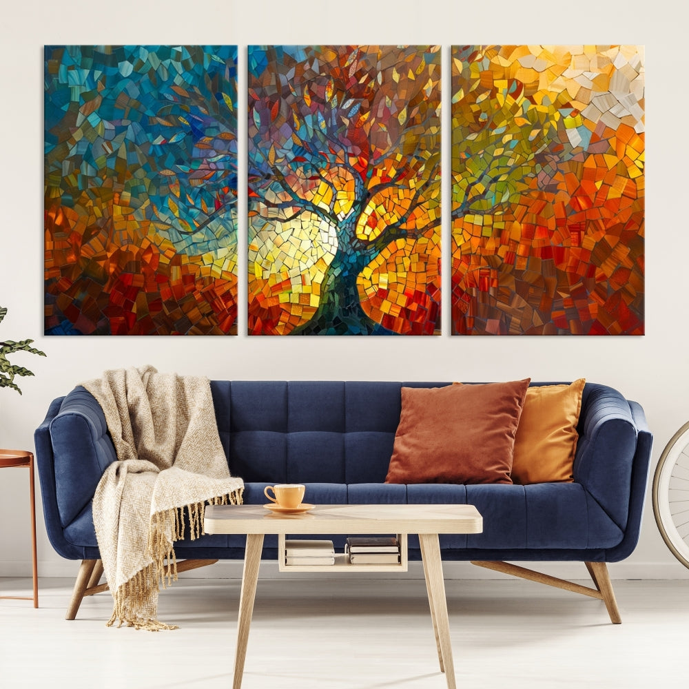 The Yggdrasil Tree of Life Mosaic Stained Glass Wall Art Canvas Print brings a burst of color to any room. Crafted on museum-quality canvas, this artwork enhances the space effortlessly and includes free shipping for your convenience.