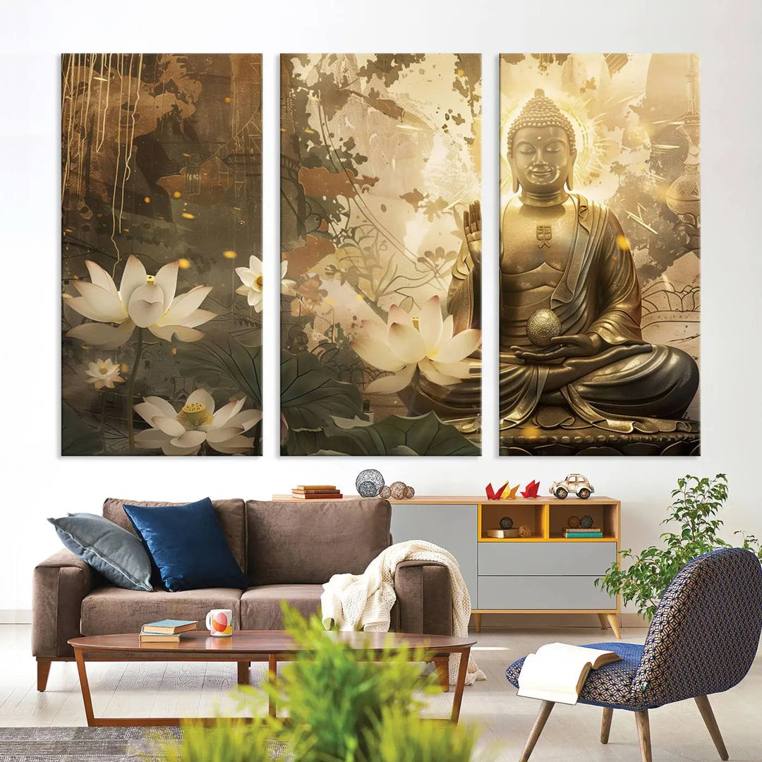 The Zen Buddha Wall Art Canvas Print, featuring a peaceful statue amidst lotus flowers, exudes an aura of spiritual serenity.