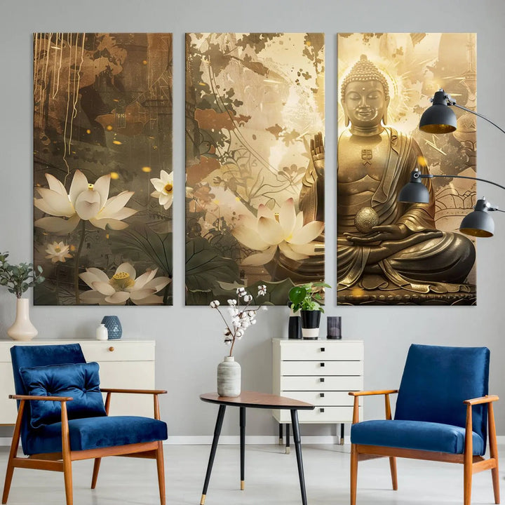 The Zen Buddha Wall Art Canvas Print, featuring a peaceful statue amidst lotus flowers, exudes an aura of spiritual serenity.